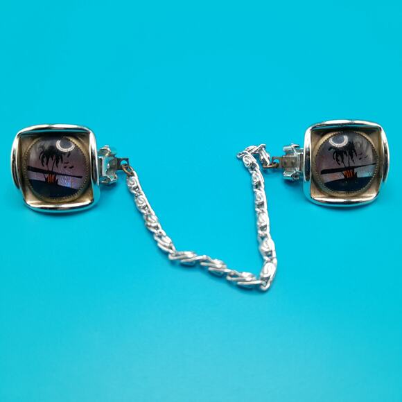 Vintage Iridescent Palm Scene Sweater Clips, 1950s Butterfly Wing Jewelry - Picture 9 of 10